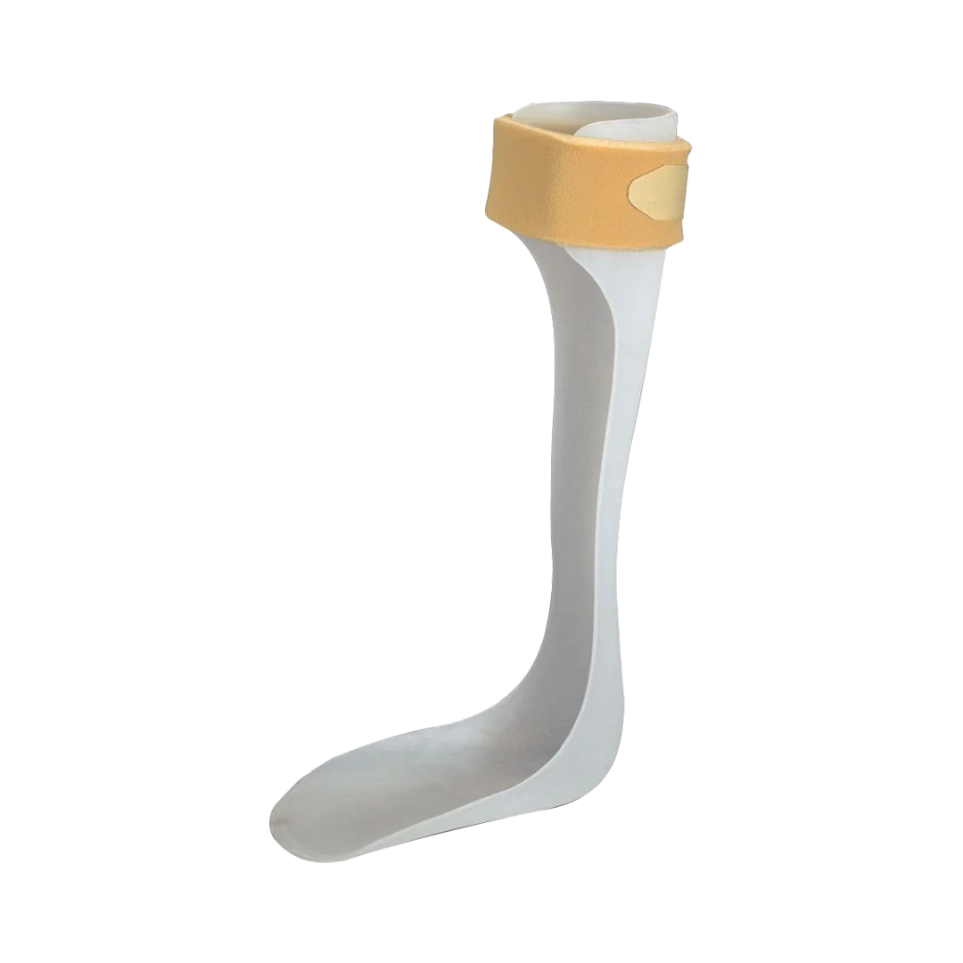 Semi-rigid white ankle foot orthosis with beige adjustable strap, made in the USA by RCAI, top B2B orthopedics wholesale.