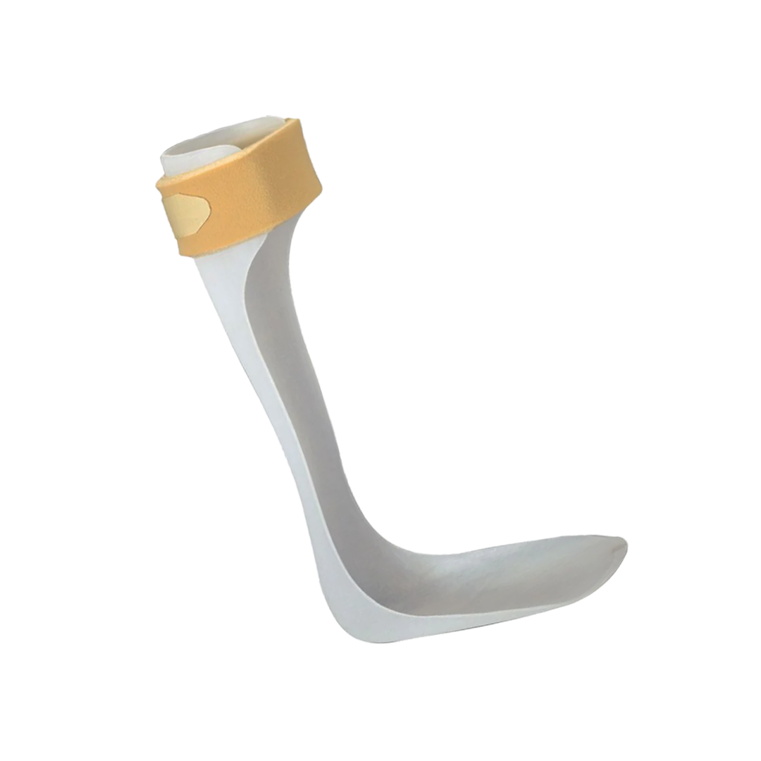 RCAI semi-rigid ankle foot orthosis in white with beige adjustable strap, made in the USA, best orthopedic braces for B2B.