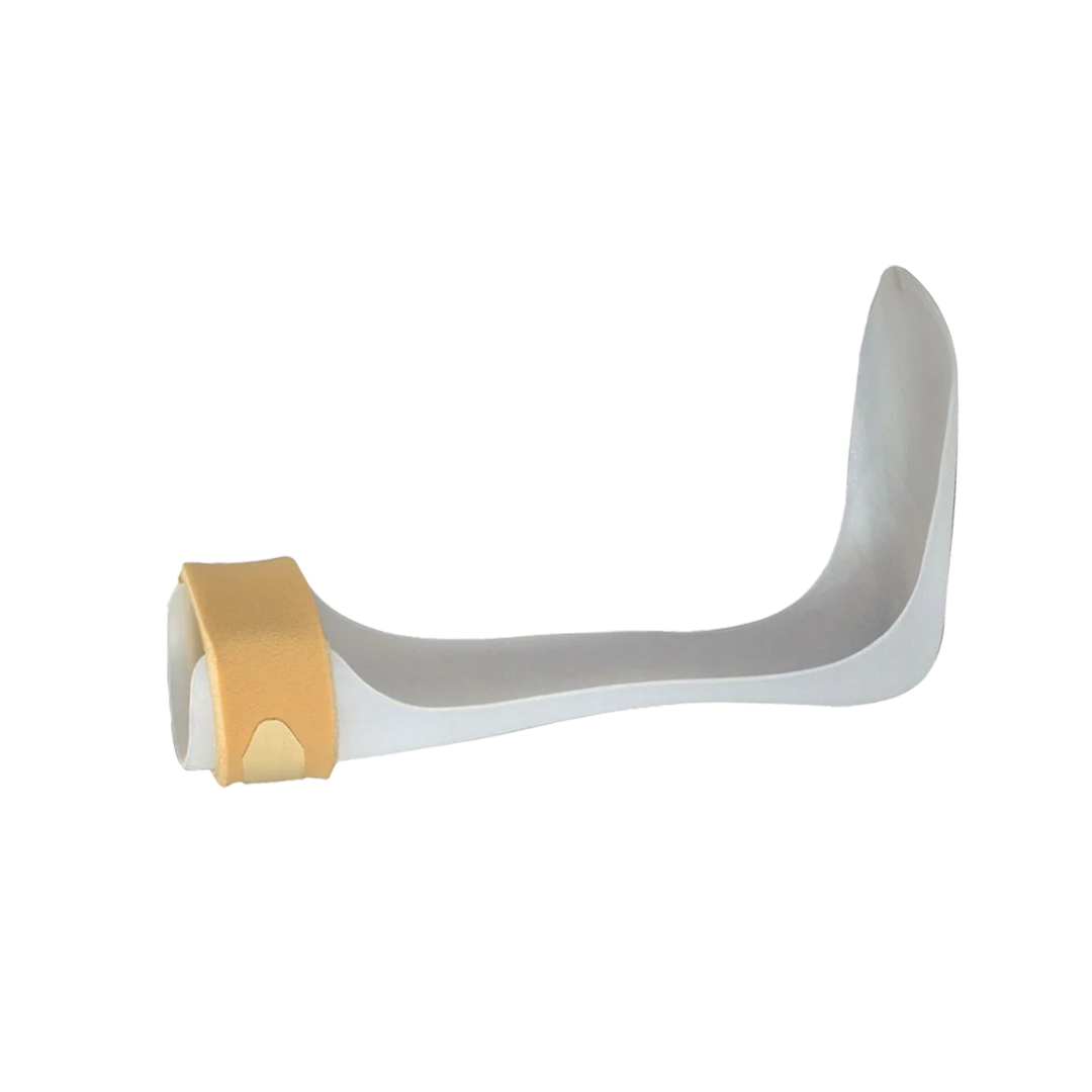 Semi-rigid white RCAI ankle foot orthosis with beige strap, made in the USA, best orthopedic brace for B2B orthopedics.