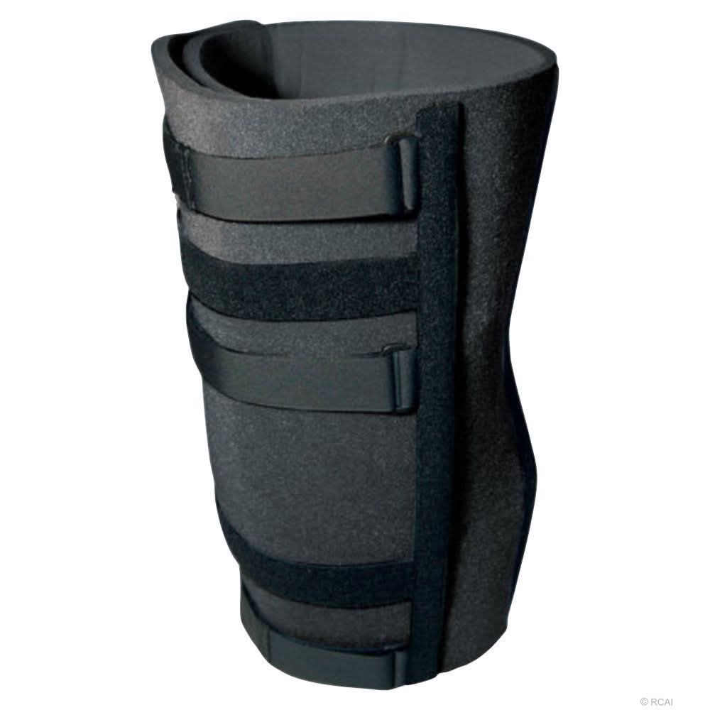 Black bariatric knee immobilizer with four adjustable hook-and-loop straps, made from durable foam material, featuring.