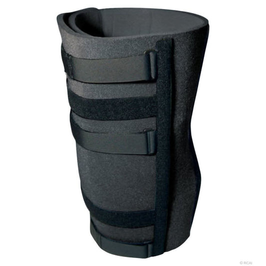 Black bariatric knee immobilizer with four adjustable hook-and-loop straps, made from durable foam material, featuring.