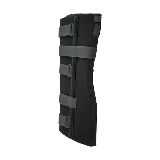 Black Bariatric Knee Immobilizer with padded straps and adjustable closures, made in the USA, RCAI, B2B orthopedics.