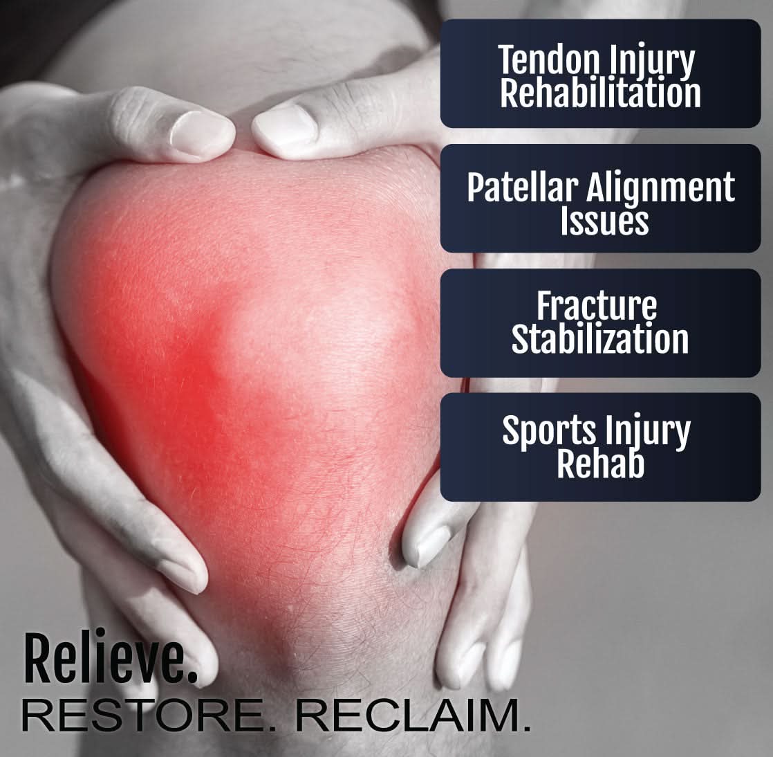 Knee with red highlighted pain area wearing breathable RCAI knee immobilizer splint, adjustable straps visible, made in the.