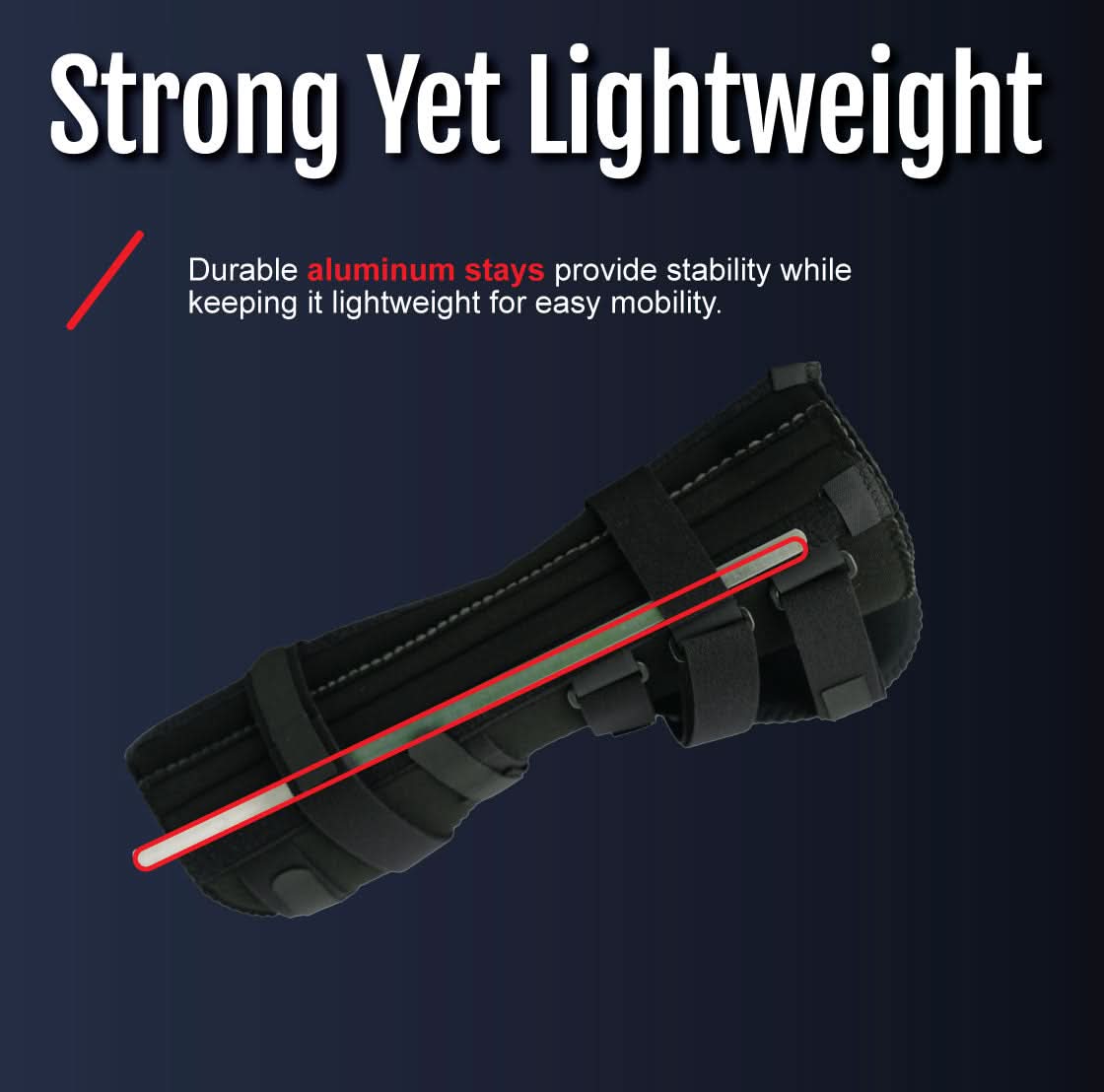 Black RCAI knee immobilizer with durable aluminum stays highlighted in red, breathable adjustable straps, promoting.