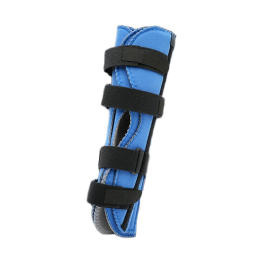 Blue pediatric knee immobilizer with four adjustable black straps, breathable padding, made in the USA, best orttopedic.