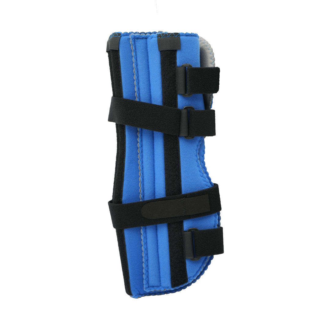 Blue pediatric knee immobilizer with black adjustable straps and reinforced side stays, made in the USA, RCAI, best.