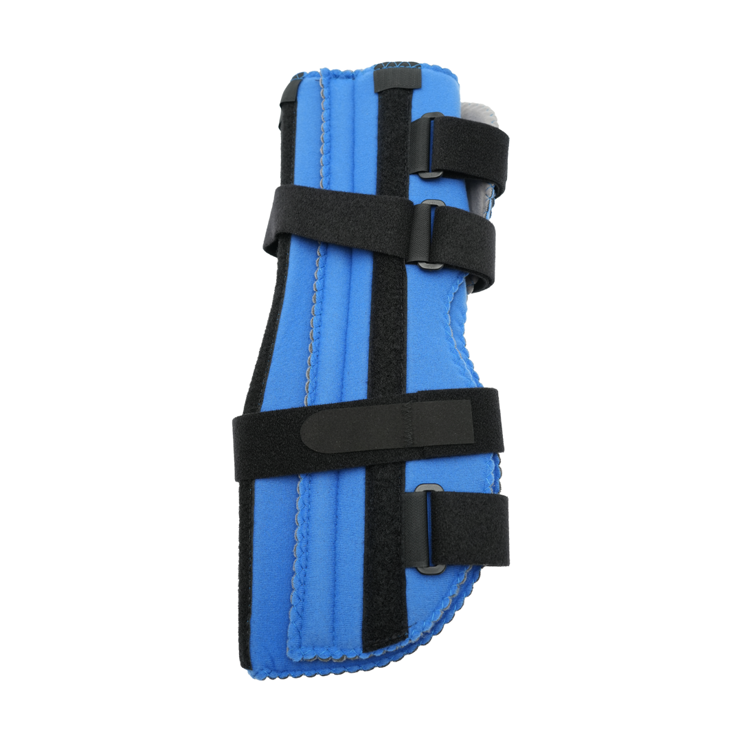 Blue pediatric knee immobilizer with black adjustable straps and soft padding, made in the USA, best orthopedic braces by.