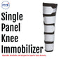 White single panel knee immobilizer with three black adjustable straps and fastening, lightweight breathable fabric, branded .