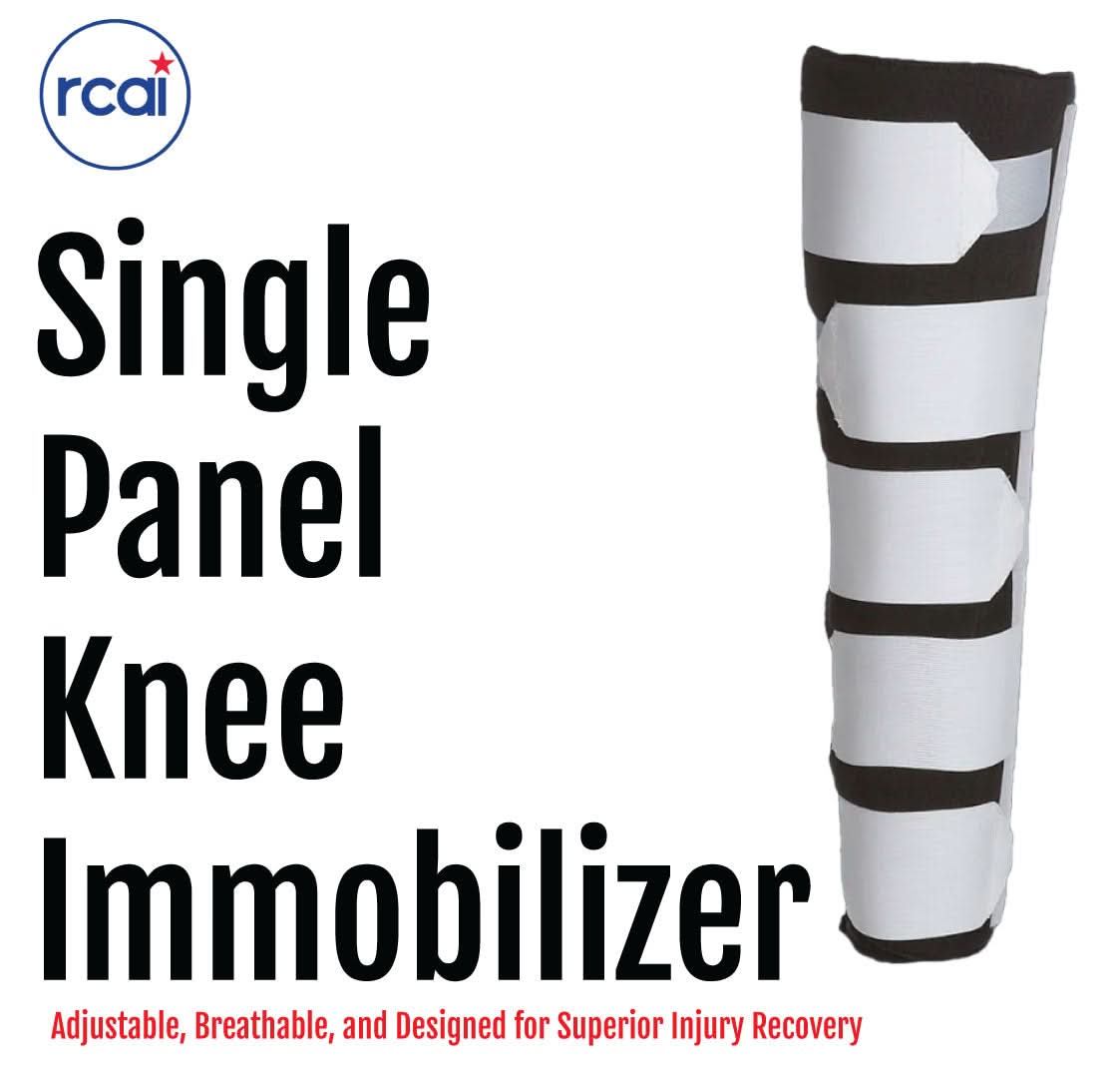 White single panel knee immobilizer with three black adjustable straps and fastening, lightweight breathable fabric, branded .