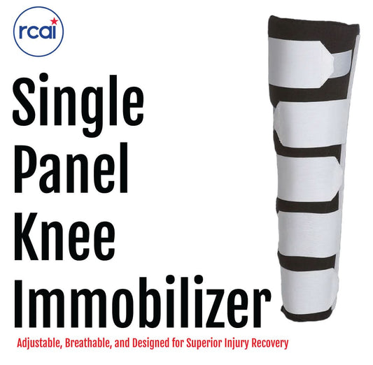 White single panel knee immobilizer with three black adjustable straps and fastening, lightweight breathable fabric, branded .