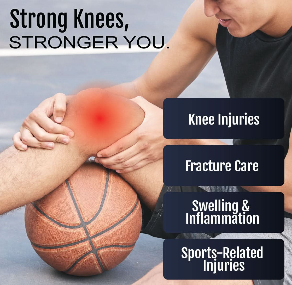 Athletic man holding knee with red highlight over joint, overlay text lists knee injuries, fracture care, swelling,.