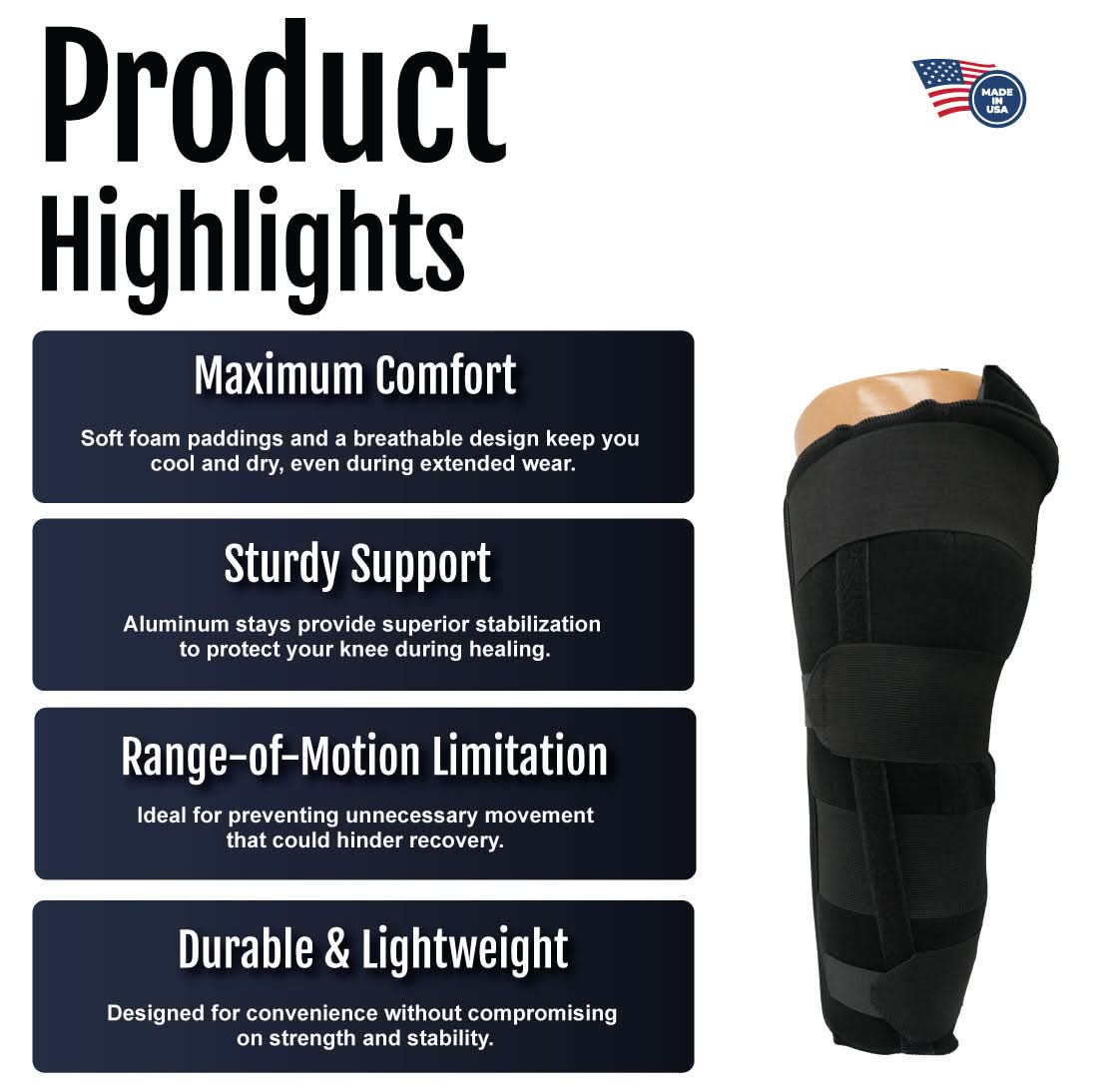 RCAI Single Panel Knee Immobilizer with soft foam padding and breathable design, aluminum stays for sturdy support, made in.