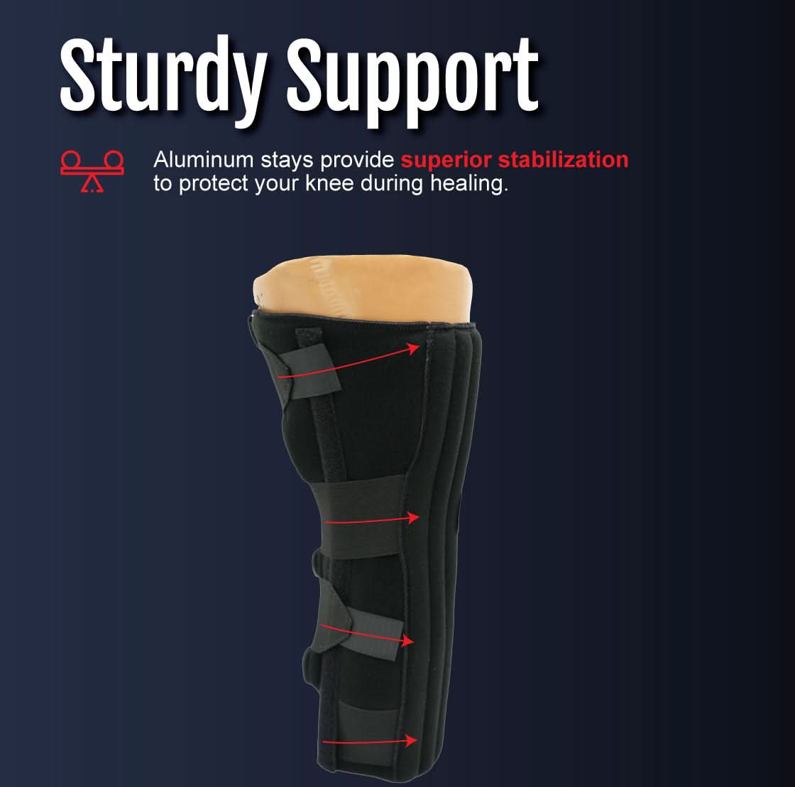 Black RCAI single panel knee immobilizer with four adjustable straps and aluminum stays for superior stabilization, made in.