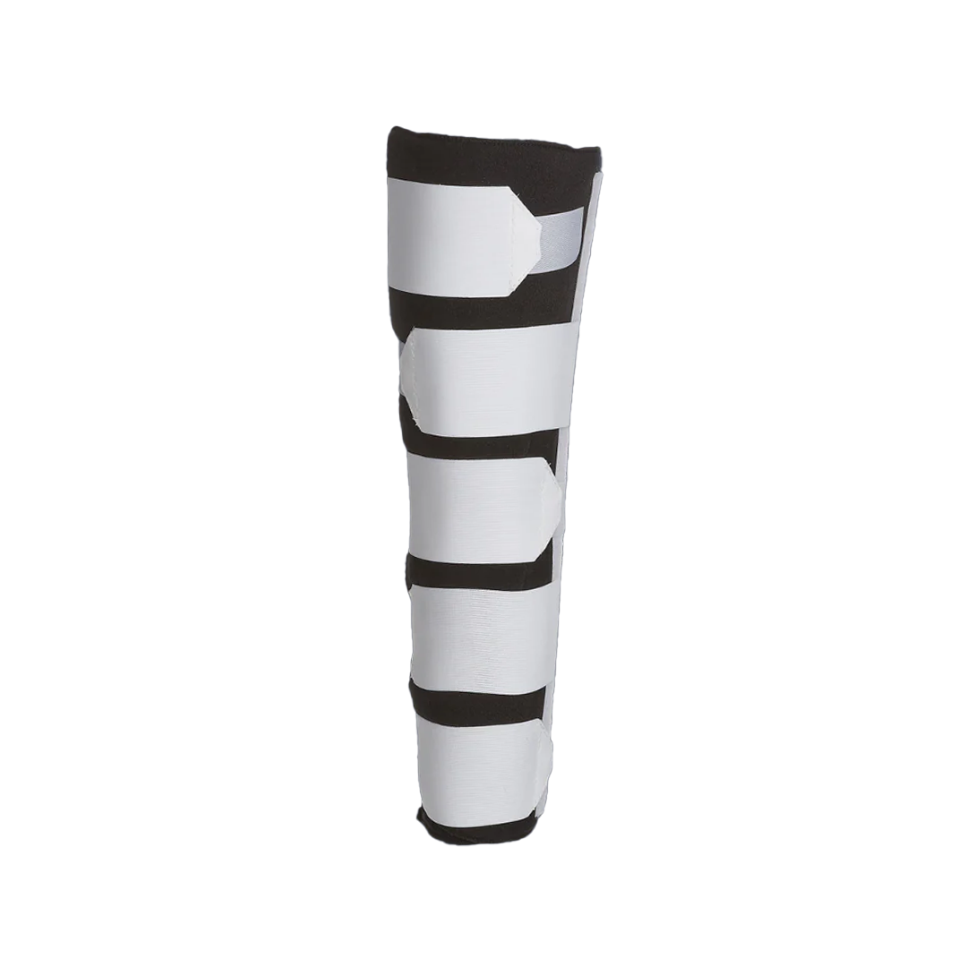 White RCAI single panel knee immobilizer with black adjustable straps and hook-and-loop closures, made in the USA, ideal for .
