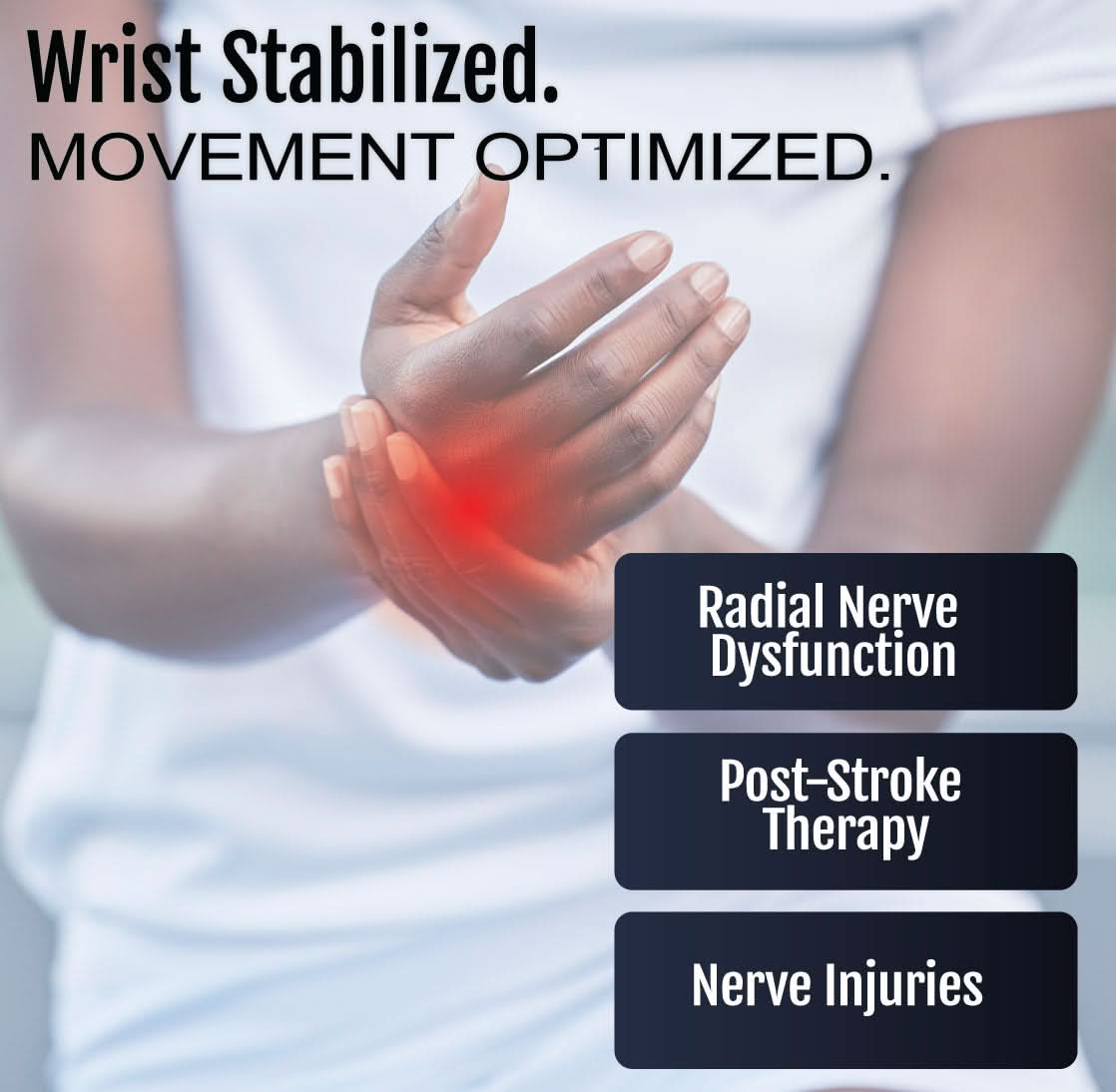 RCAI wrist drop orthosis in black with universal cuff on right hand, highlighting wrist support for radial nerve.