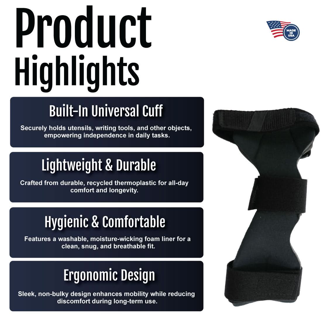 Black RCAI Wrist Drop Orthosis with universal cuff, breathable fabric, ergonomic design, made in the USA, best orthopedic.