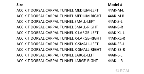 Dorsal carpal tunnel splint accessory kit size chart with model numbers showing X Small to X Large options for right and.