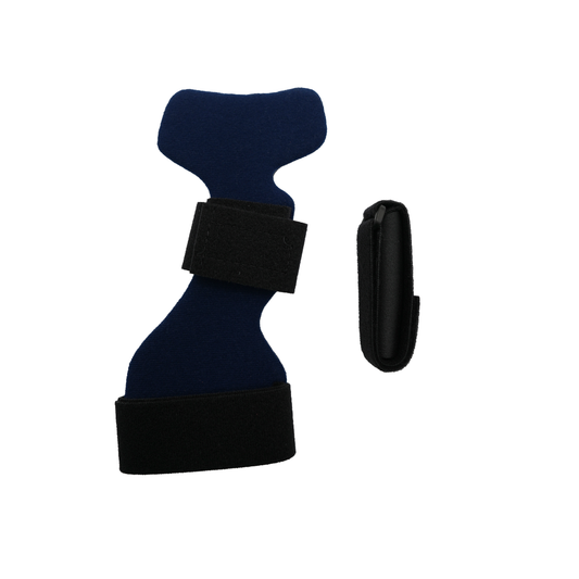 Navy blue dorsal carpal tunnel splint with black adjustable straps and a separate black cushioned accessory, made in the.