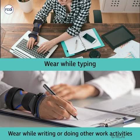 RCAI dorsal carpal tunnel splint in navy blue fabric with black adjustable straps, worn on wrist while typing and writing,.