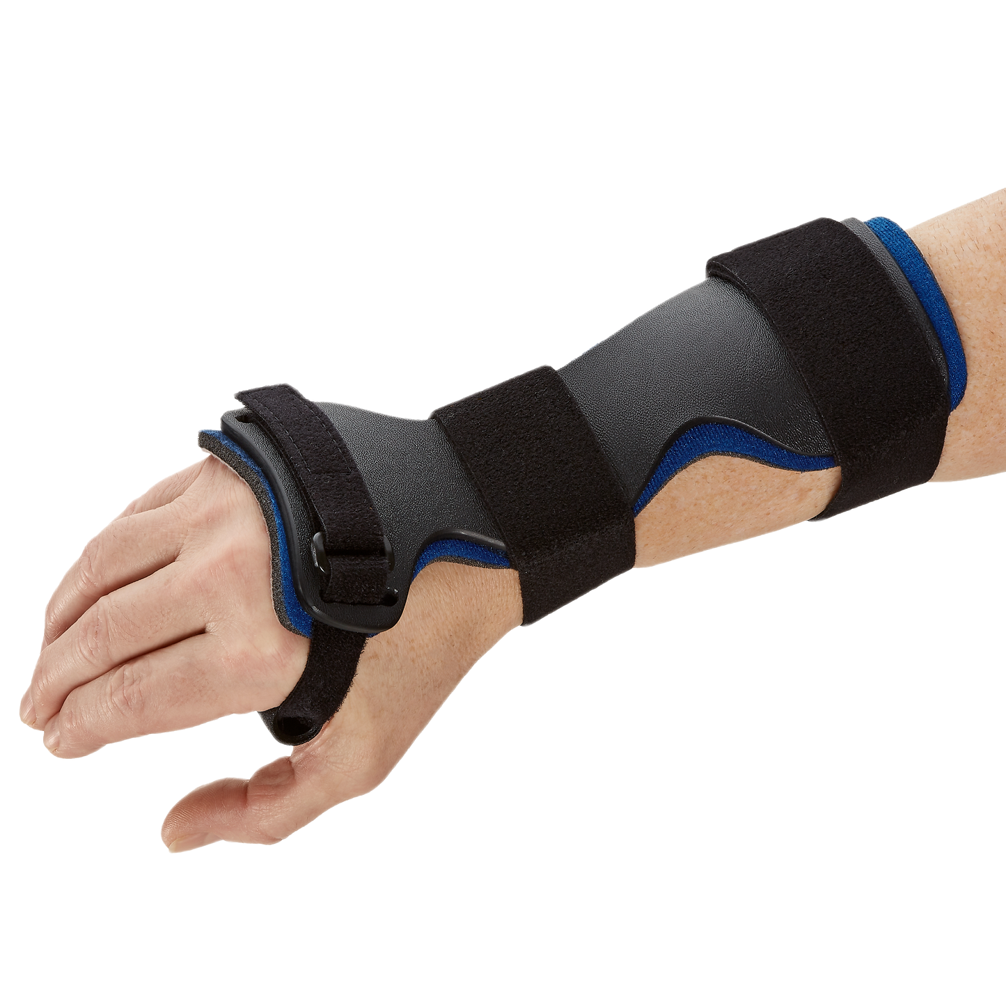 Black and blue RCAI dorsal carpal tunnel splint with adjustable Velcro straps, worn on left wrist, made in the USA, best.