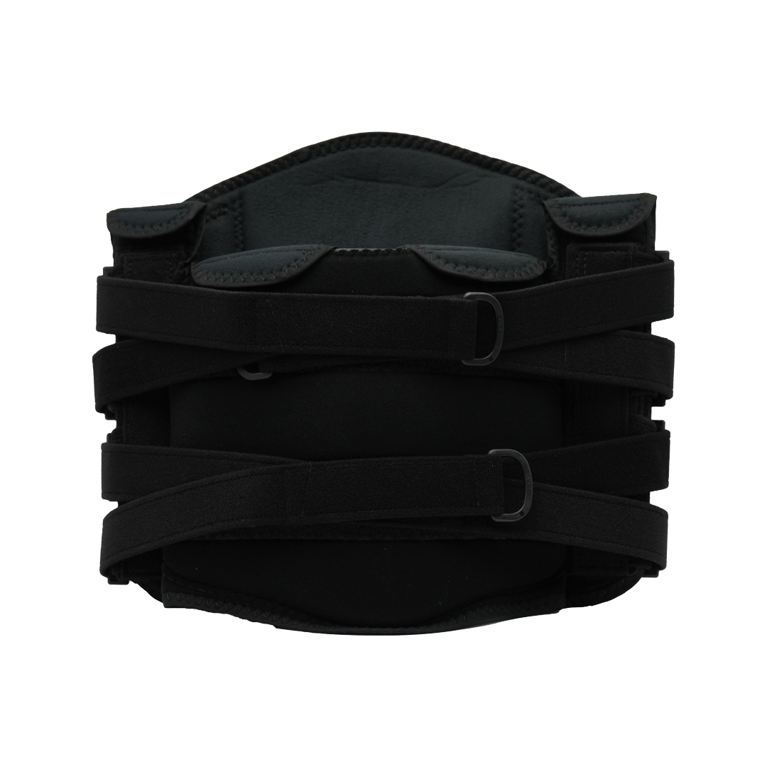 Black lumbar support brace with adjustable double straps and hook-and-loop fasteners, made in the USA, RCAI, best orthopedic .