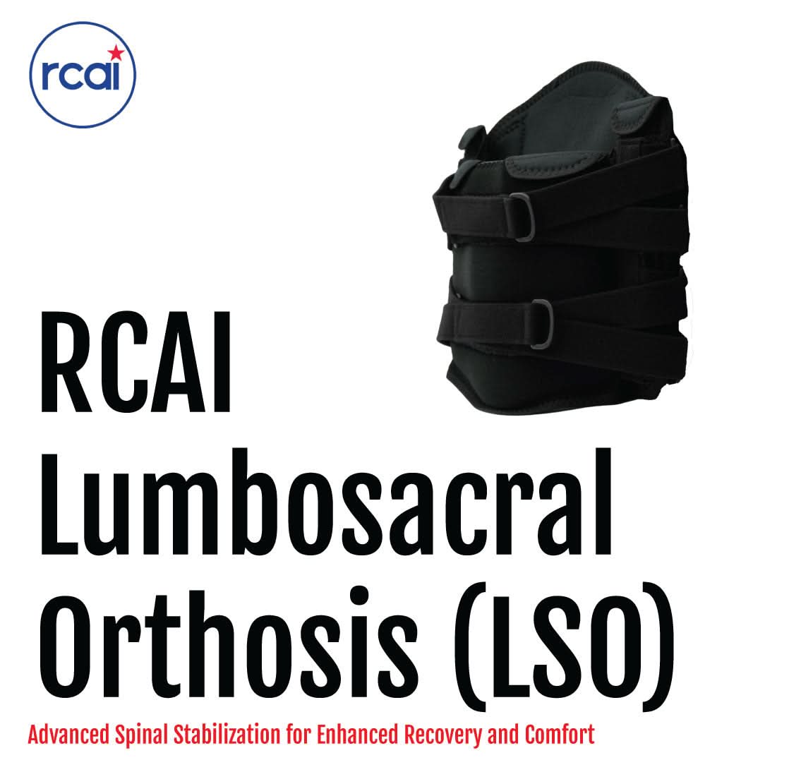 Black RCAI Lumbosacral Orthosis (LSO) brace with adjustable straps and secure buckle closures, made in the USA, designed for .