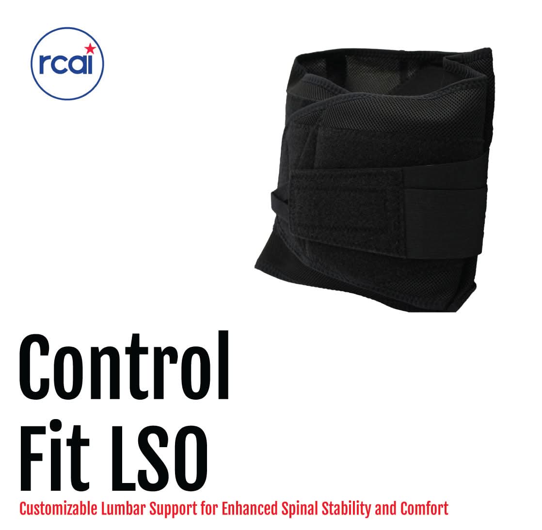 Black lumbar support brace with adjustable straps and sturdy construction, made in the USA, rcai, b2b ortropedics wholesale, .