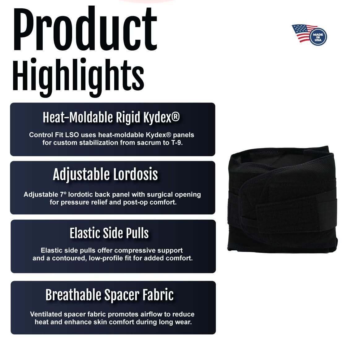 Control Fit LSO product highlights graphic showing heat-moldable rigid Kydex panels, adjustable lordosis with 7-inch back.