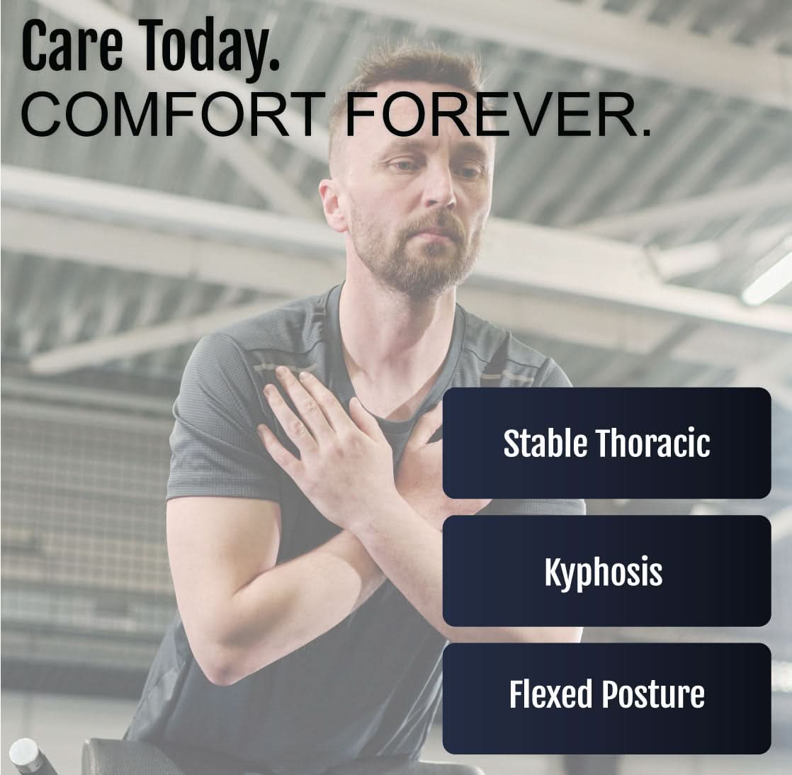 Man wearing black hyperextension orthosis brace supporting upper back and shoulders, labeled Stable Thoracic, Kyphosis,.