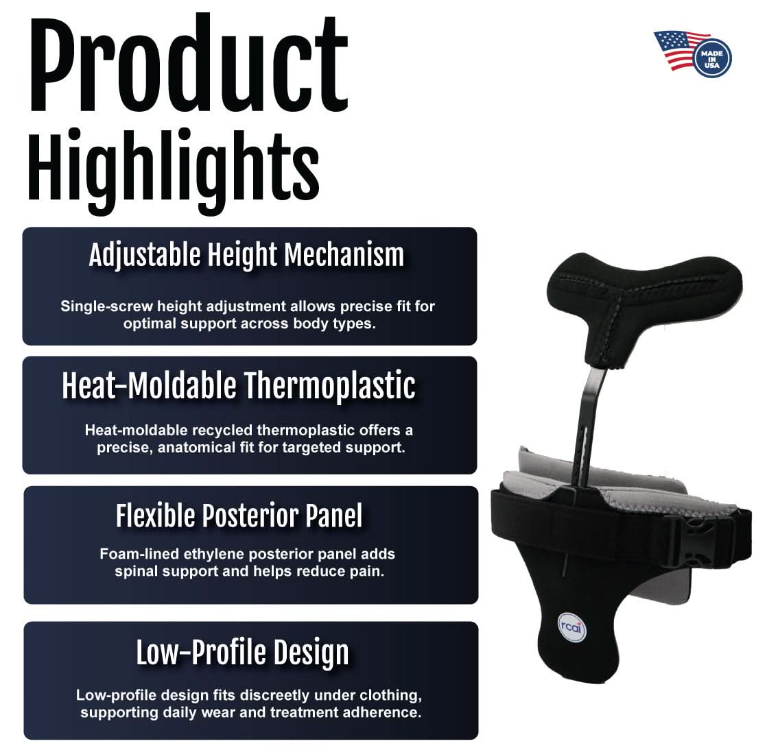 Hyperextension orthosis with adjustable height mechanism, black heat-moldable thermoplastic and flexible foam-lined.