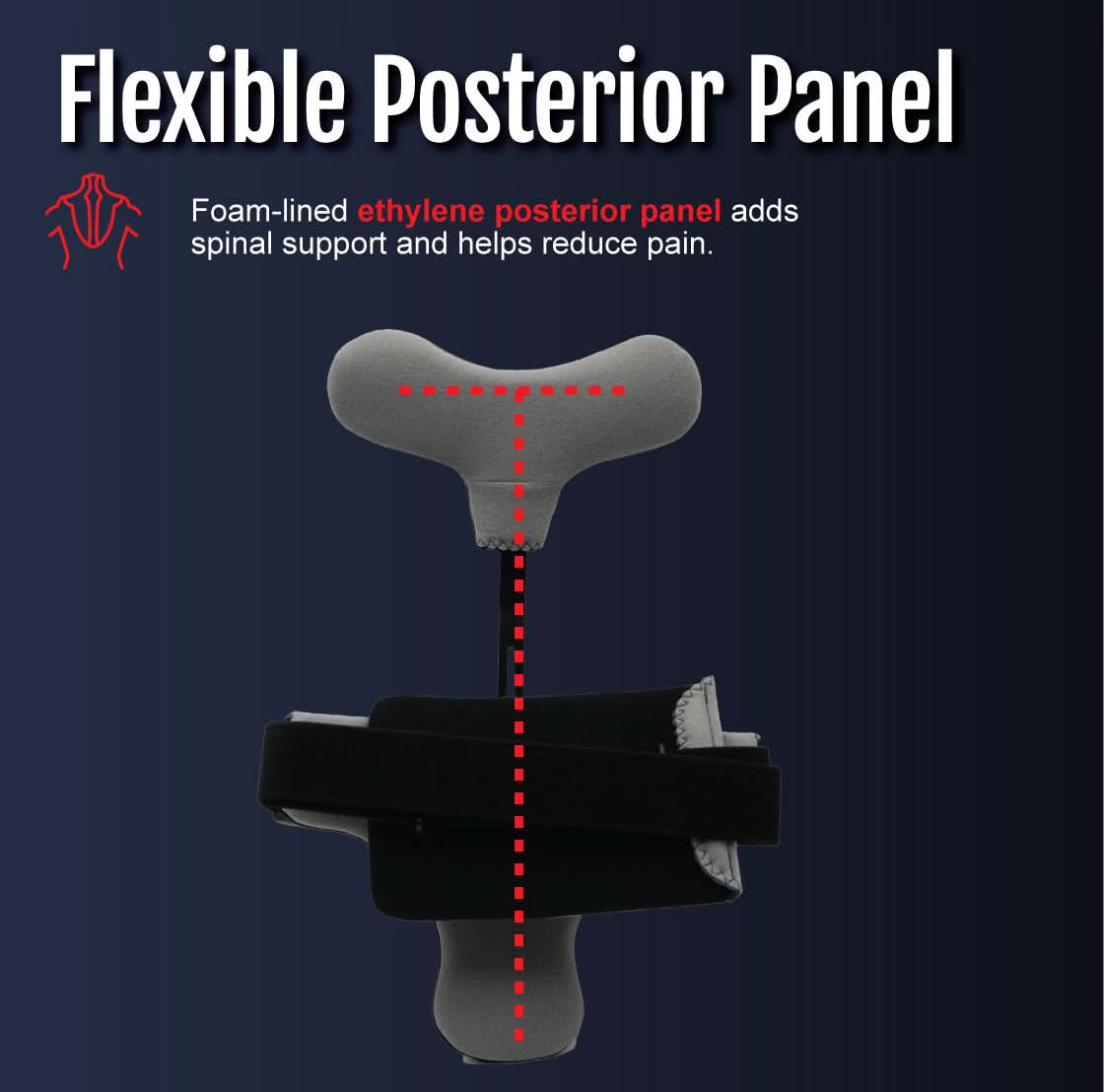 Black Hyperextension Orthosis with foam-lined, flexible red ethylene posterior panel for spinal support, made in the USA by.