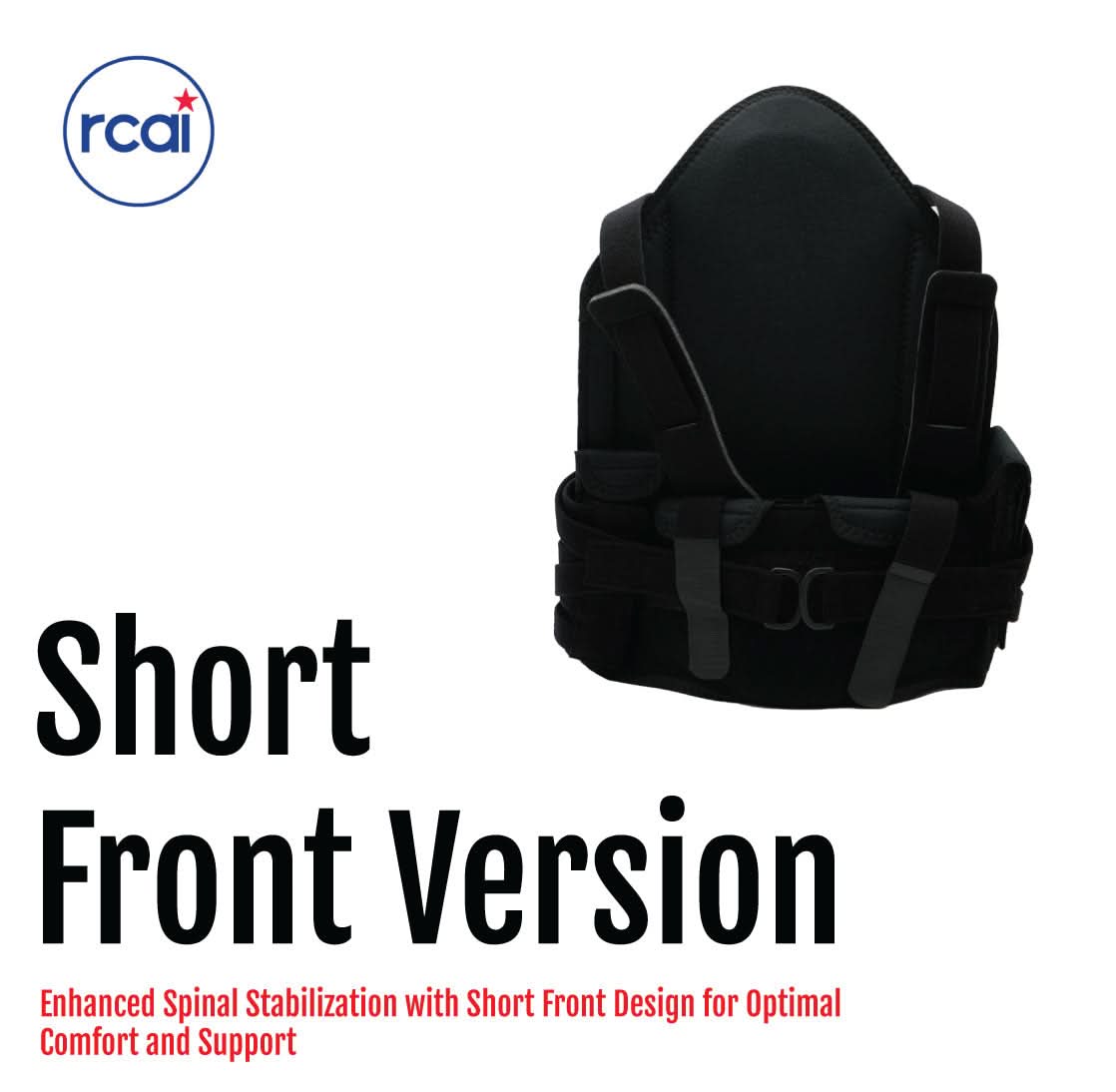Black RCAI TLSO brace with short front design, padded support, adjustable straps, made in the USA, best orthopedic braces,.