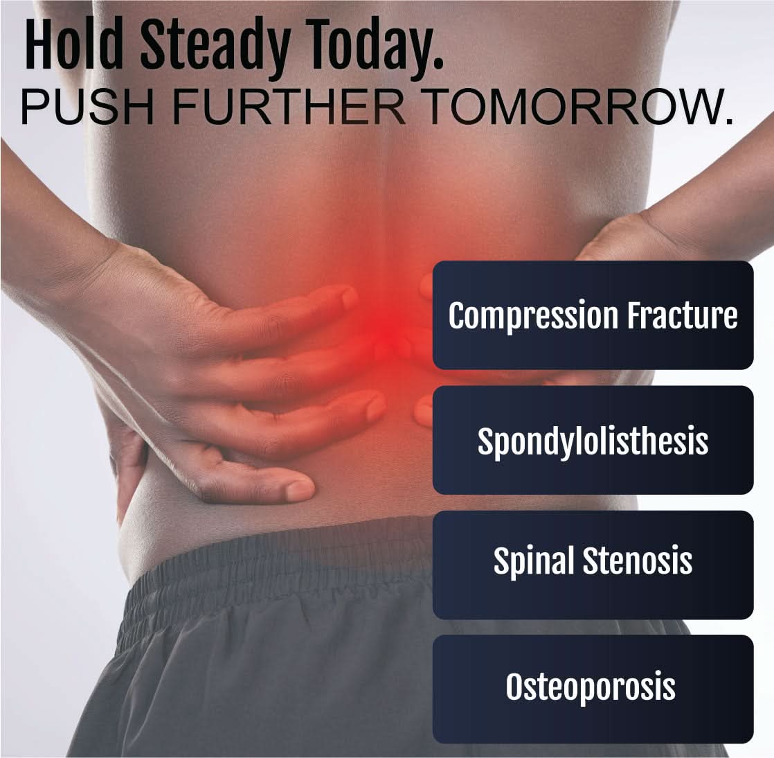 Back view of a person wearing a black RCAI TLSO short front brace supporting lower back, highlighting pain relief areas;.