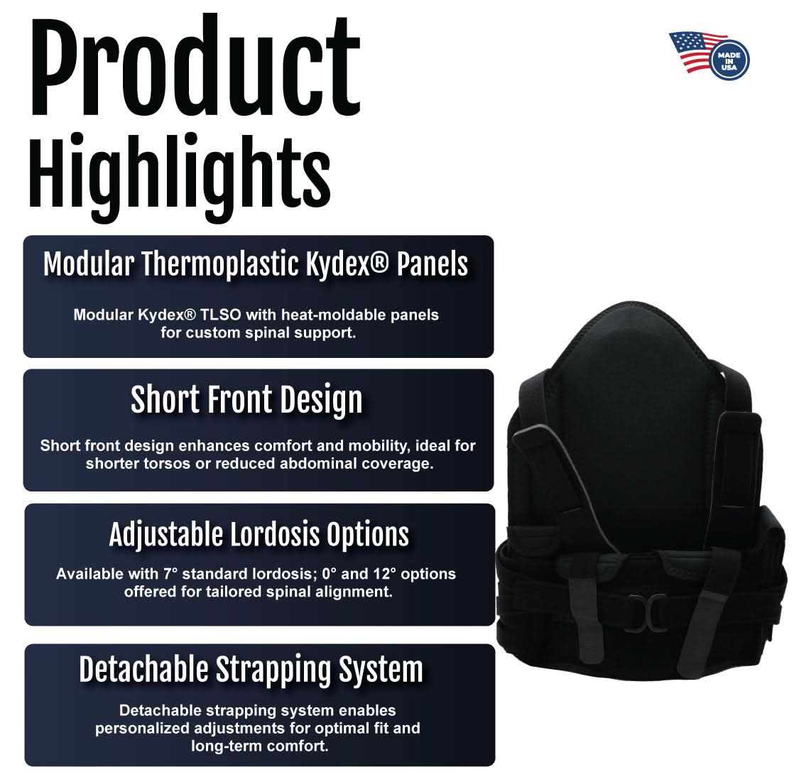 Black modular TLSO brace with heat-moldable Kydex panels, short front design, detachable strapping system, and adjustable.