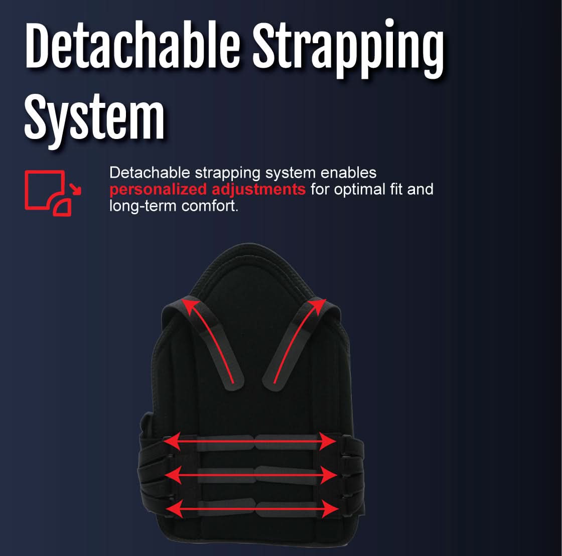 Black RCAI TLSO short front brace with detachable strapping system featuring adjustable shoulder and abdominal straps, made.