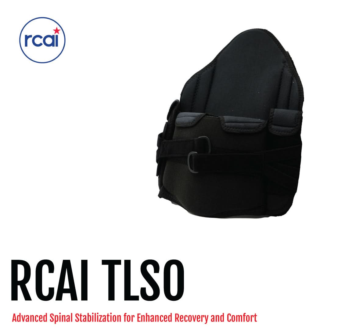 Black RCAI TLSO spinal brace with adjustable padded straps and sturdy support panels, made in the USA, best orthopedic.