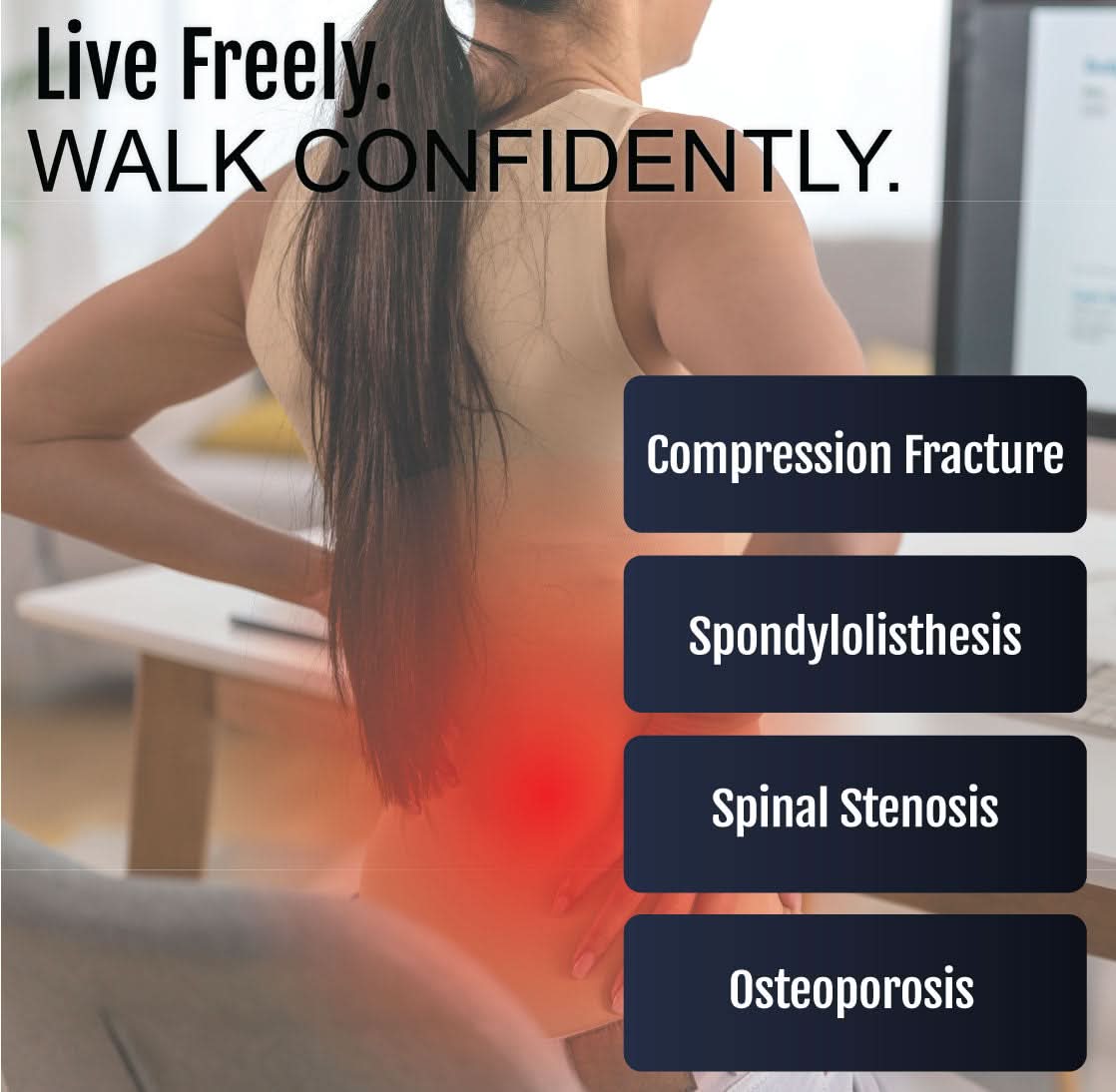 Woman wearing a gray RCAI TLSO back brace around her lower torso, highlighting lumbar support, made in the USA, promoting.