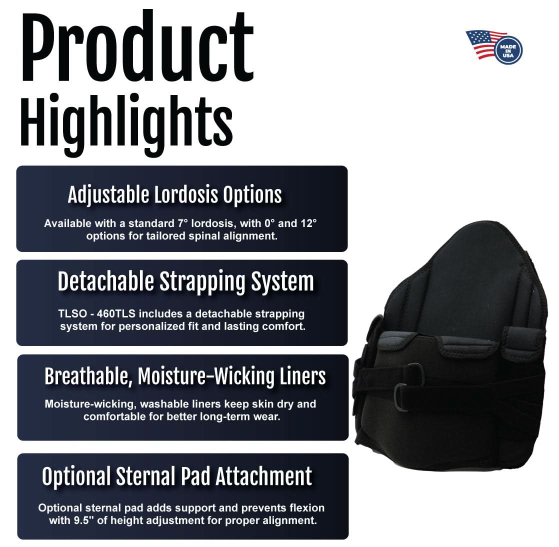 Black RCAI TLSO orthopedic brace featuring adjustable lordosis options and detachable strapping system, breathable.