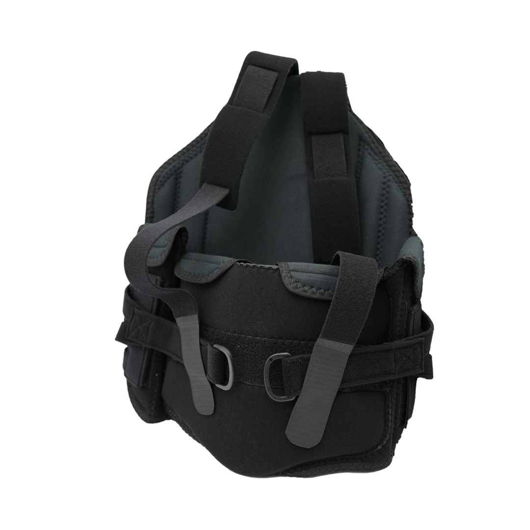 Black and gray RCAI TLSO orthopedic back brace with adjustable straps and Velcro closures, made in the USA, ideal for B2B.