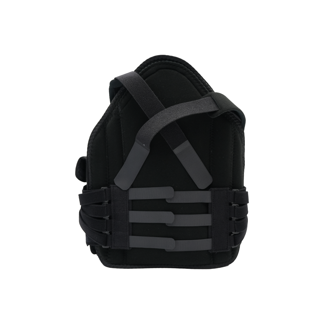 Black RCAI TLSO back brace with adjustable straps and rigid support panels, made in the USA, best orthopedic braces for B2B.
