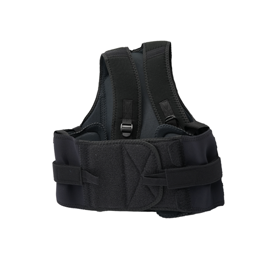 Black Thoracic Lumbar Support with padded side panels, adjustable straps, and reinforced back, made in the USA, RCAI.