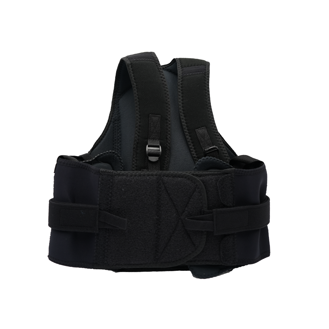 Black Thoracic Lumbar Support with adjustable side panels, padded straps, and hook-and-loop closures, made in the USA, best.