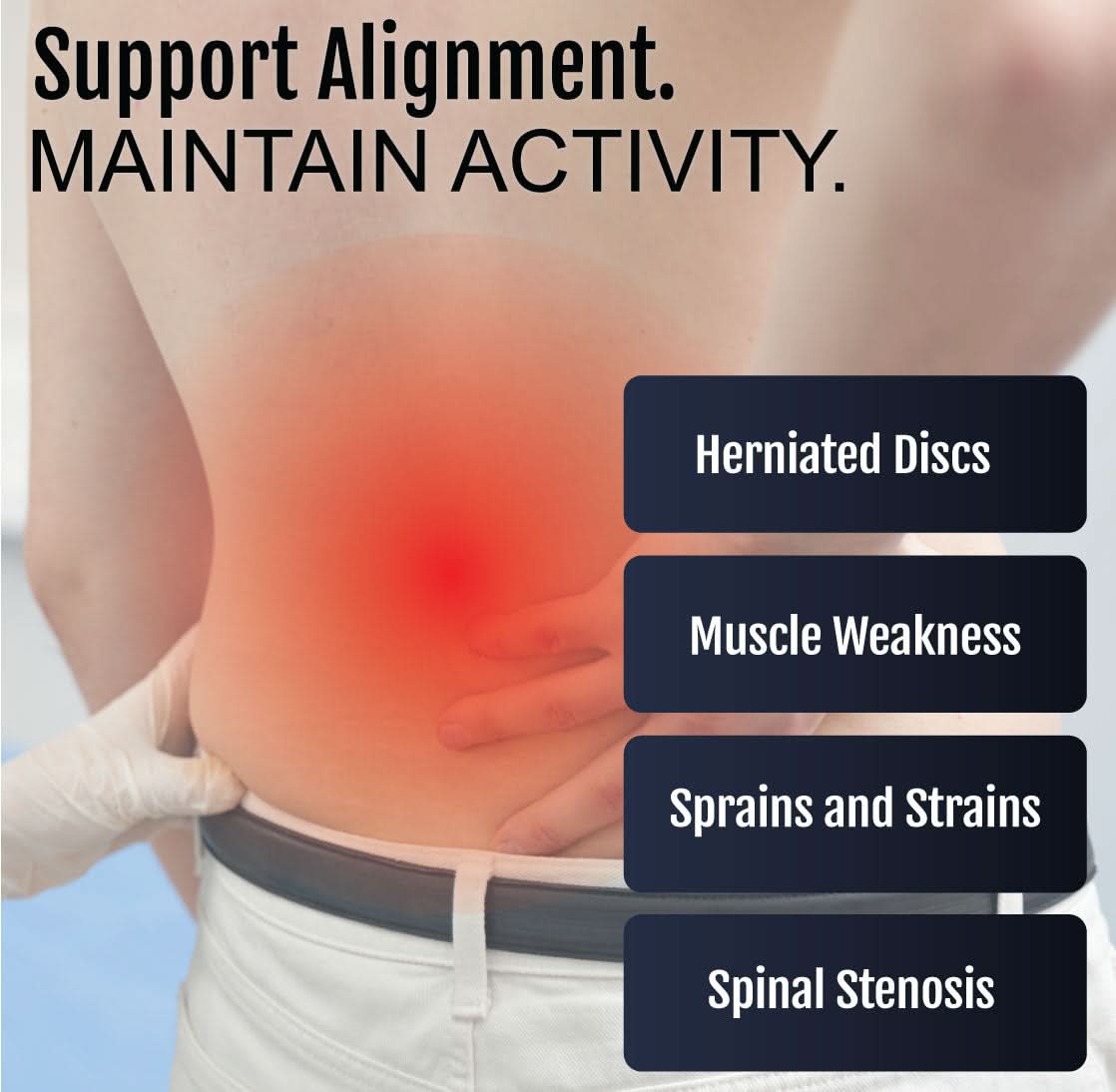 Universal LSO lumbar support brace worn around waist on bare skin, highlighting red area of lower back pain, made in the.