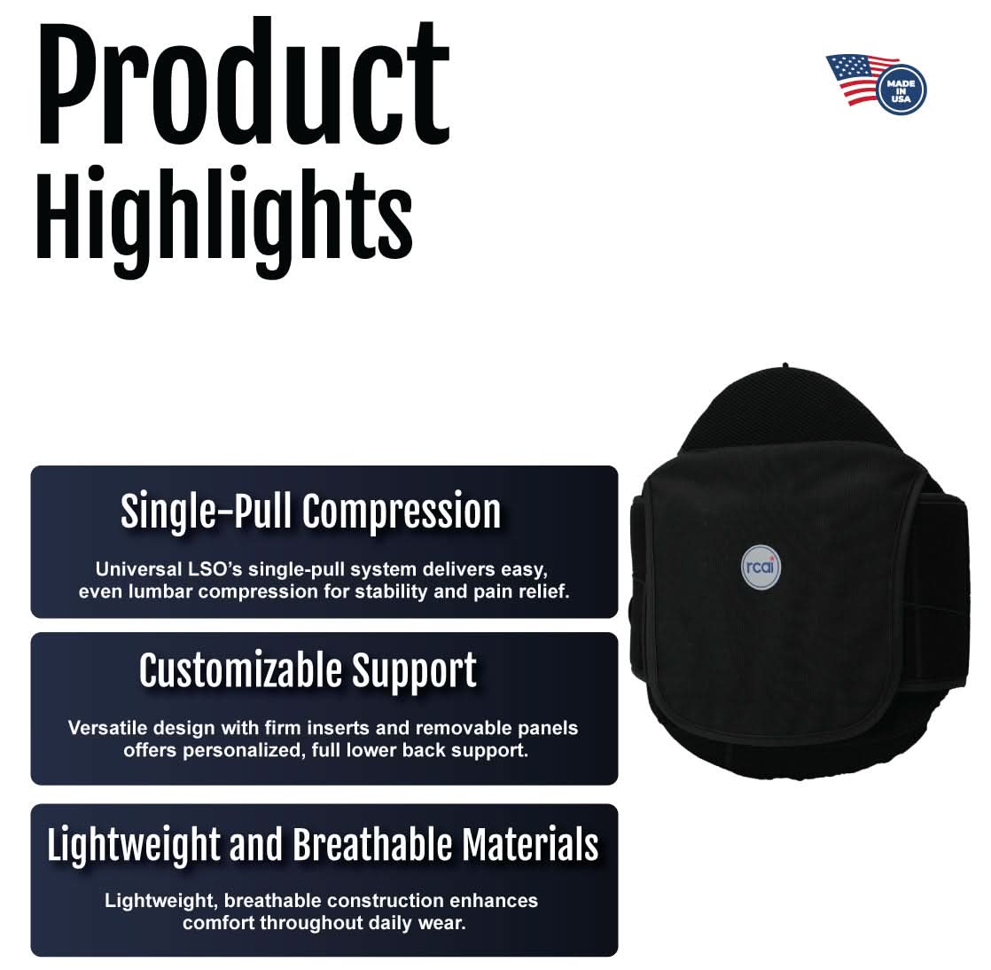 Black Universal LSO orthopedic brace with single-pull compression straps, customizable support panels, lightweight.