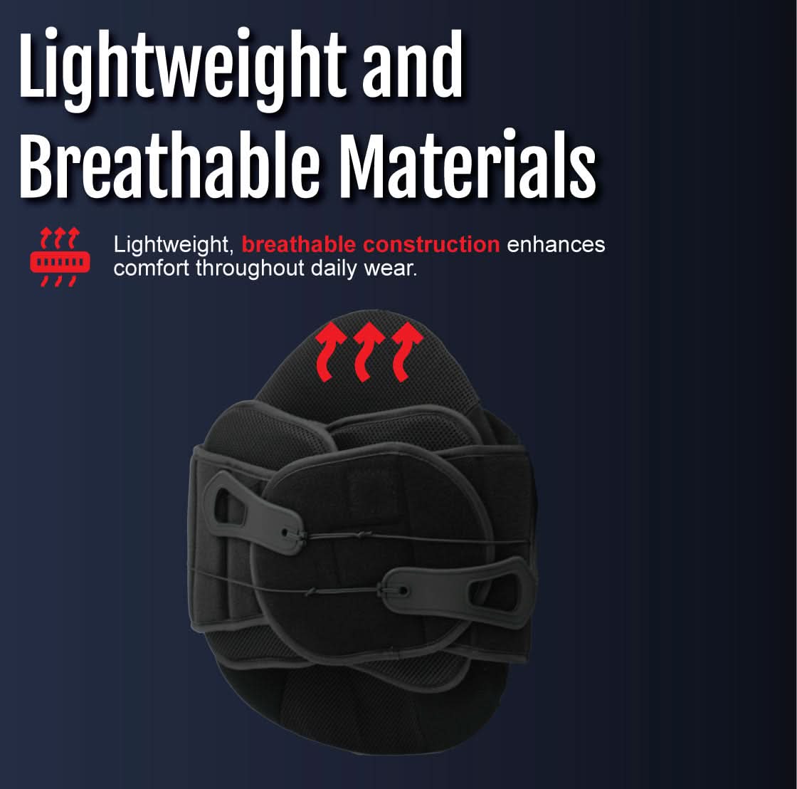 Black Universal LSO brace with adjustable straps and breathable, lightweight padding designed for comfort, made in the USA.