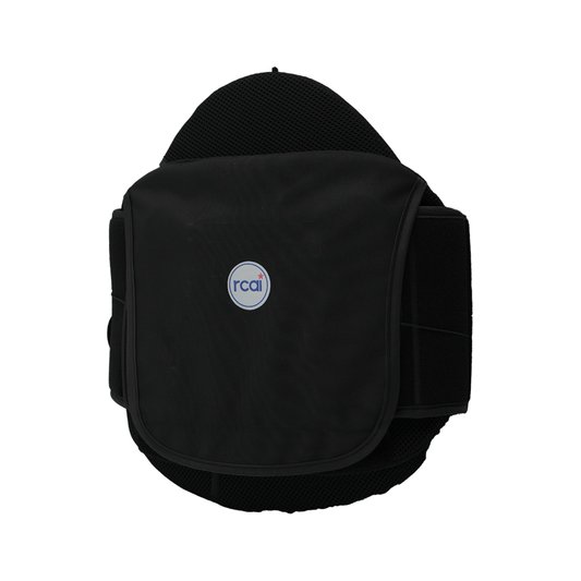 Black lumbar support orthotic brace with adjustable straps, made in the USA, featuring rca i logo, ideal for b2b orthopedics .