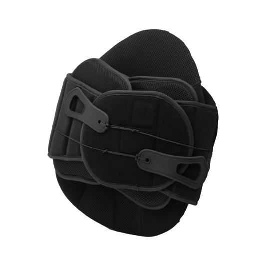 Black Universal LSO orthopedic brace with adjustable straps and rigid plastic supports, made in the USA, designed for b2b.