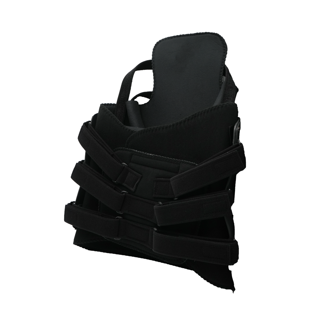 Black TLSO brace with multiple adjustable straps and rigid support panels, designed for strong torso stabilization,.