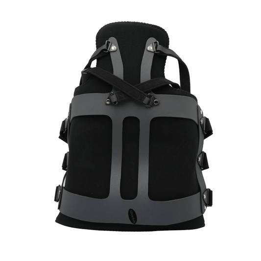 Black and gray TLSO orthopedic back brace with adjustable straps, made in the USA, designed for effective support, ideal for .