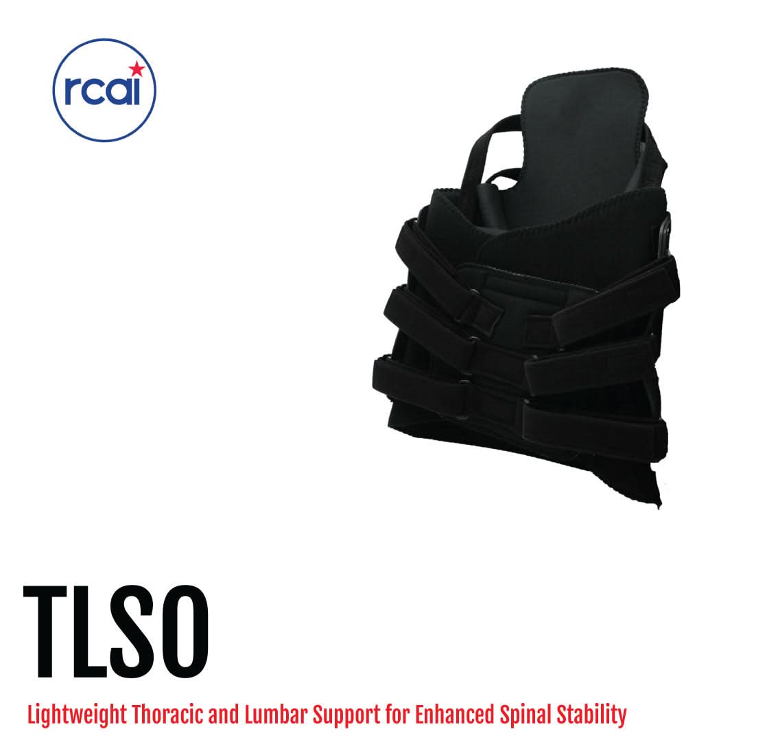 Black TLSO brace with adjustable straps, lightweight thoracic and lumbar support, made in the USA, rcaI b2b orthopedics.